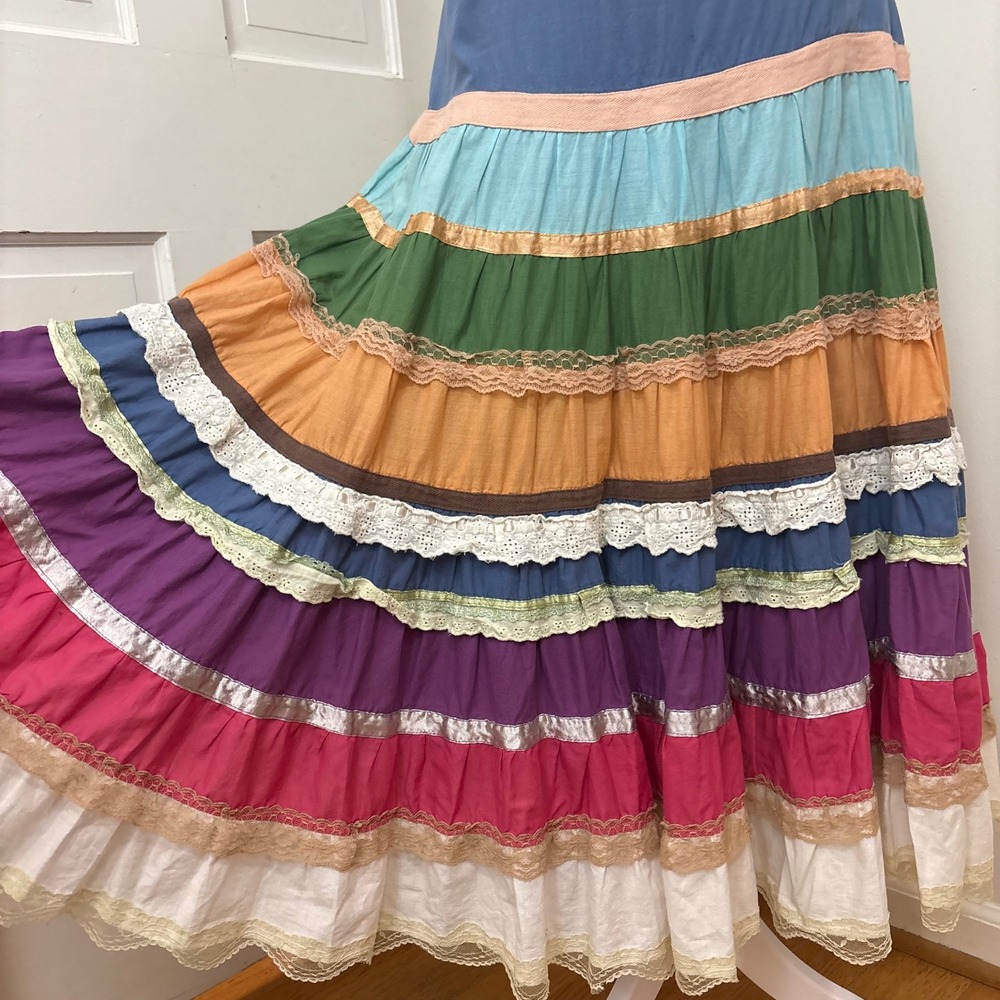 100% Cotton Colorful Tiered Maxi Skirt M Boho Hippie Festival Peasant
